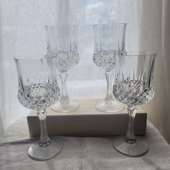 Cristal D'arques Set Of 4 Clear Crystal Cut Stemmed Wine Glasses 8" Longchamp - Picture 2 of 8